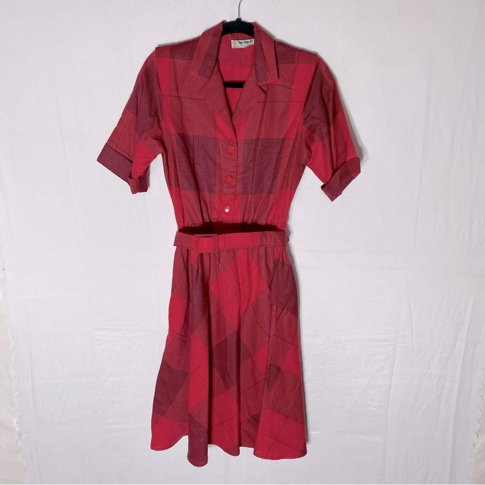 Vintage Nu-Mode Red Black Plaid Button Front Belted Dress L Secretary Librarian